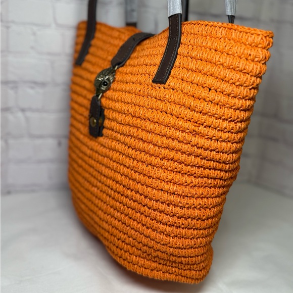 KURT GEIGER Hampton Raffia and Leather Shoulder Tote Bag Orange Brass Eagle Head - Picture 8 of 16